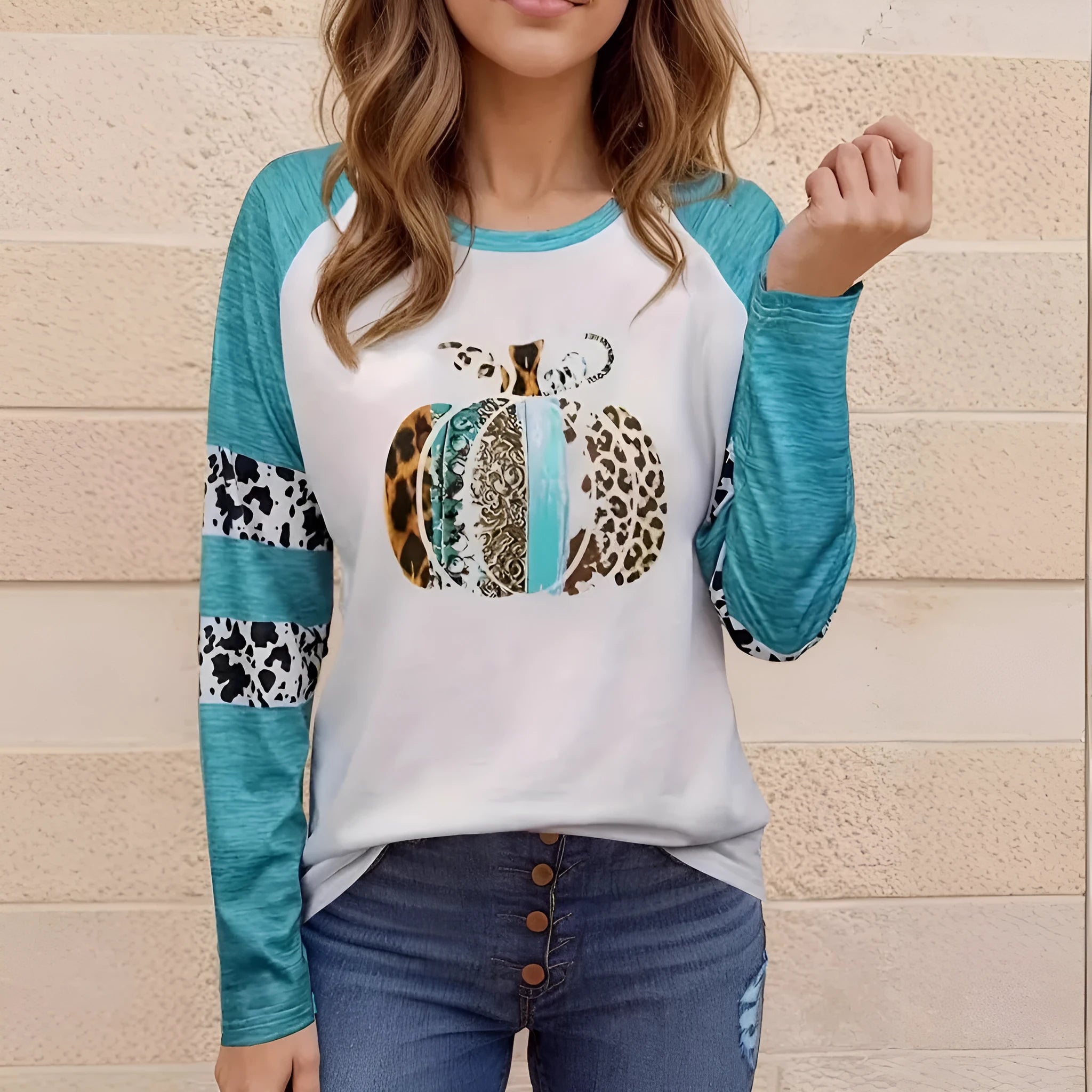 Sky blue Halloween pumpkin 3D digital printed T-shirt with Japanese Korean style and long sleeves