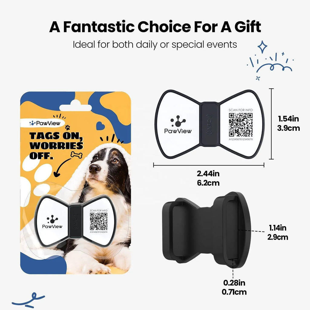 NFC smart QR pet tag in black silicone with printed bowknot pattern, attached to a matching collar on a light background