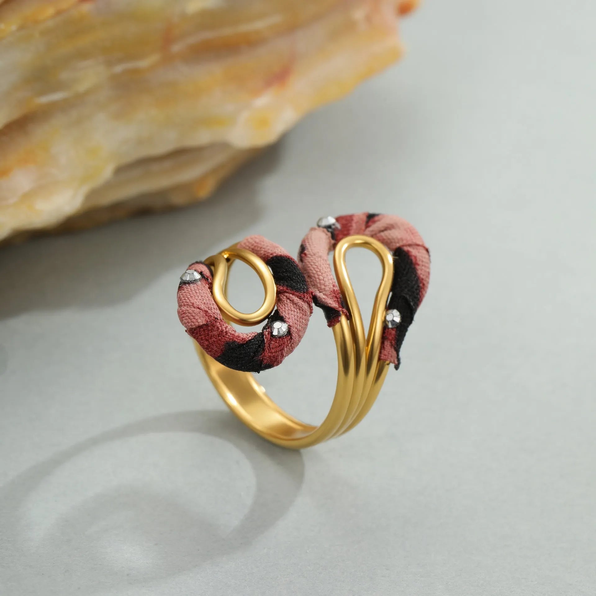 Geometric leopard print open mouth ring in stainless steel with heart and star shapes