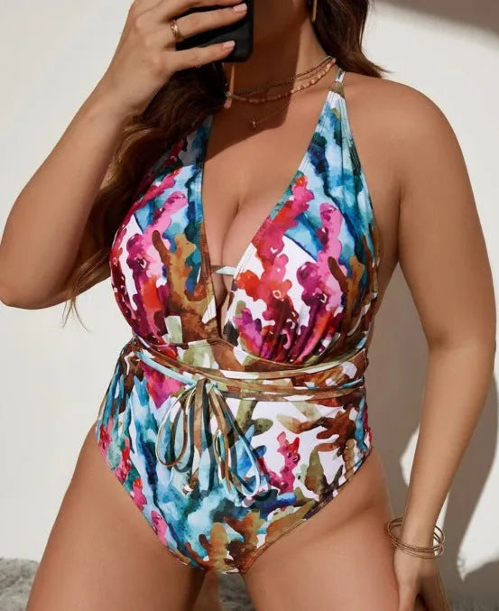 Solid blue one-piece halter neck swimsuit bikini for women on a mannequin