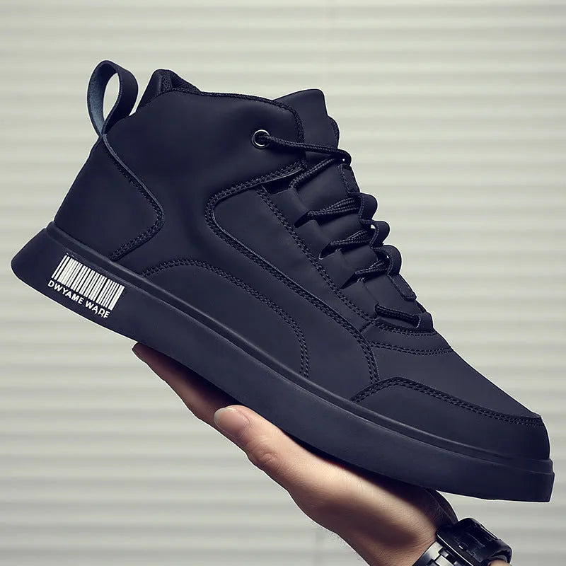Men's white mid-top casual shoes with flat rubber sole and front lace-up design.