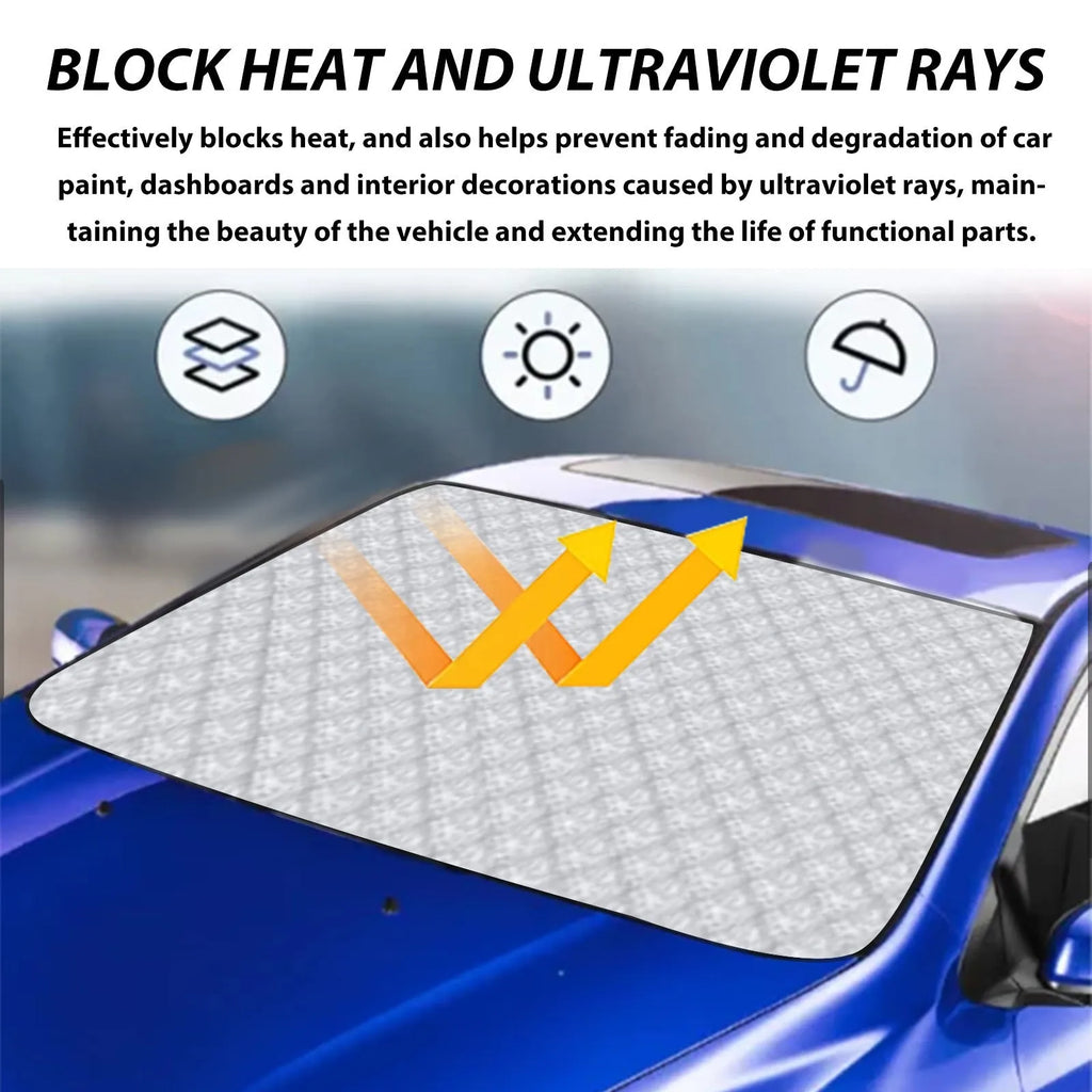 Car windscreen frost cover made of silver aluminium film and nylon fabric, laid flat showing its rectangular 140cm x 95cm size.