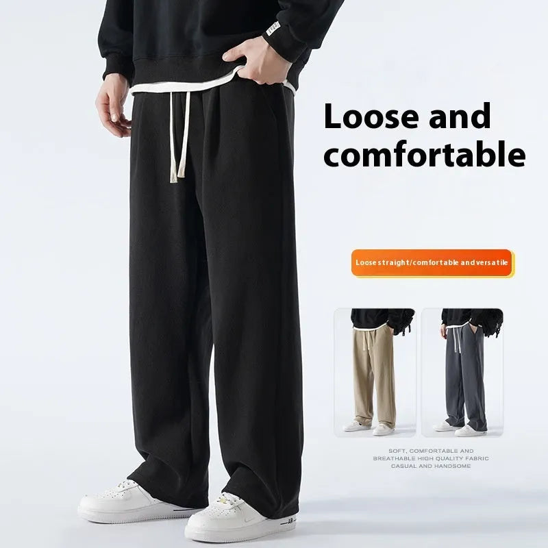 Men's apricot fleece-lined winter sports pants with drawstring waist and loose Korean-style fit
