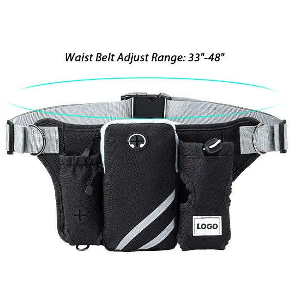 Black nylon dog walking set with waist bag and leash for outdoor use