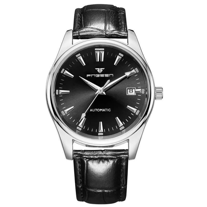 Men's quartz watch with 10mm thick case, stainless steel back, coated glass mirror, available in black or white steel and black leather.