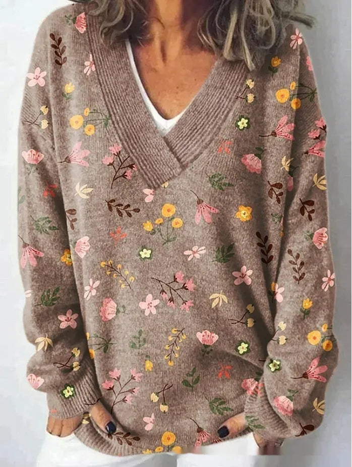 Women's floral printed sweatshirt with 3D pattern and V-neck design in art retro style