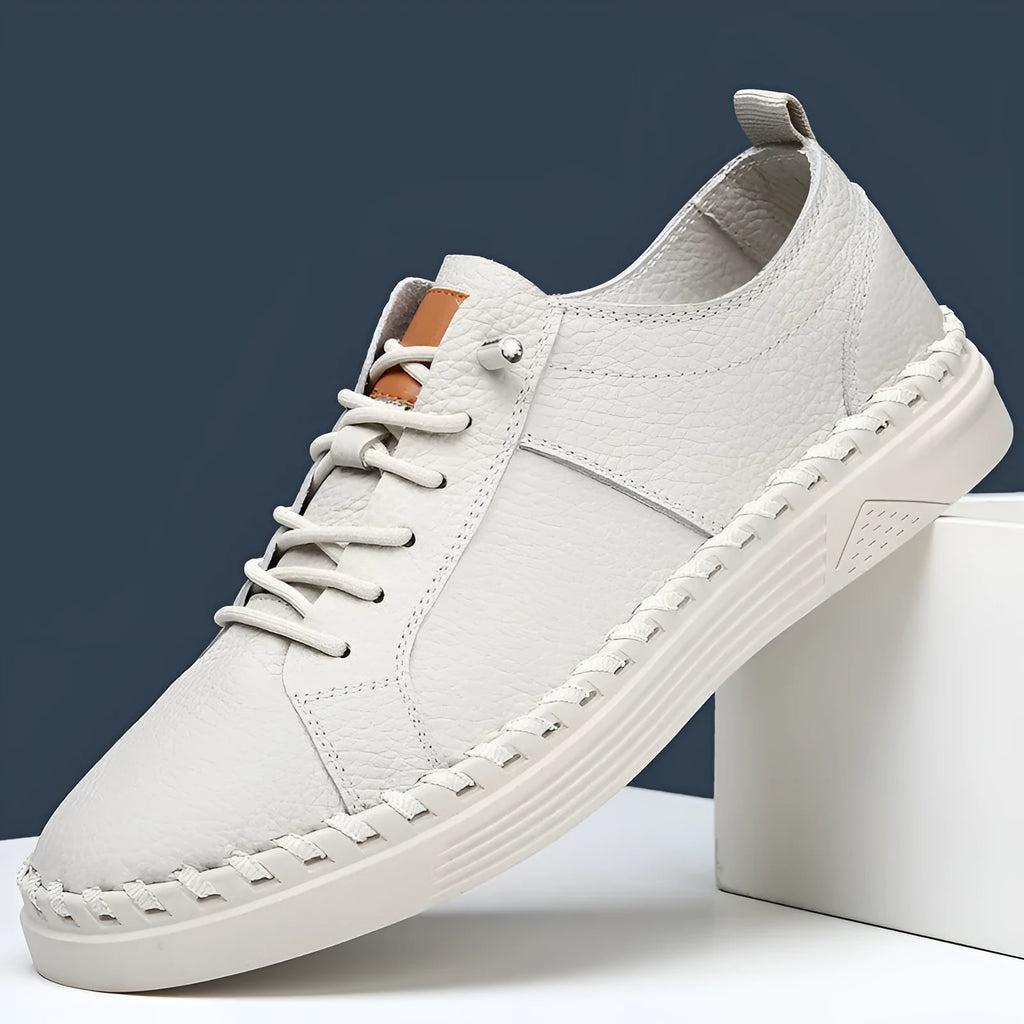 First layer cowhide men's casual sneakers round toe stitching detail beige colour