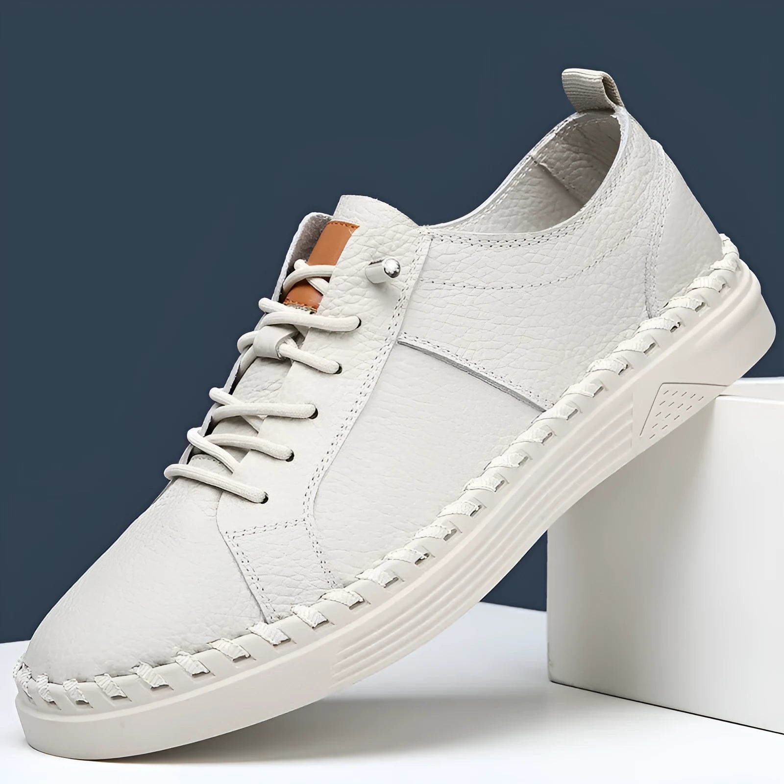 First layer cowhide men's casual sneakers round toe stitching detail beige colour