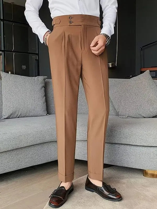 Women's high waist straight leg trousers in a cotton blend fabric, shown in autumnal colours.