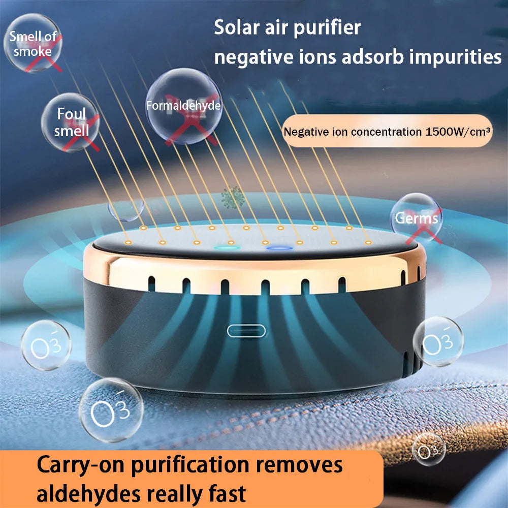 Black solar-powered car air humidifier mounted on a vehicle air vent.