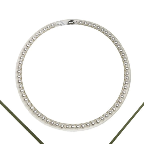 925 silver ingot buckle necklace with Australian white shell pearls on a model, unisex clavicle chain style