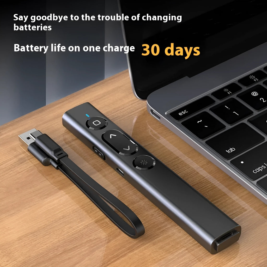 A black wireless presentation remote control pen for advancing PowerPoint slides.