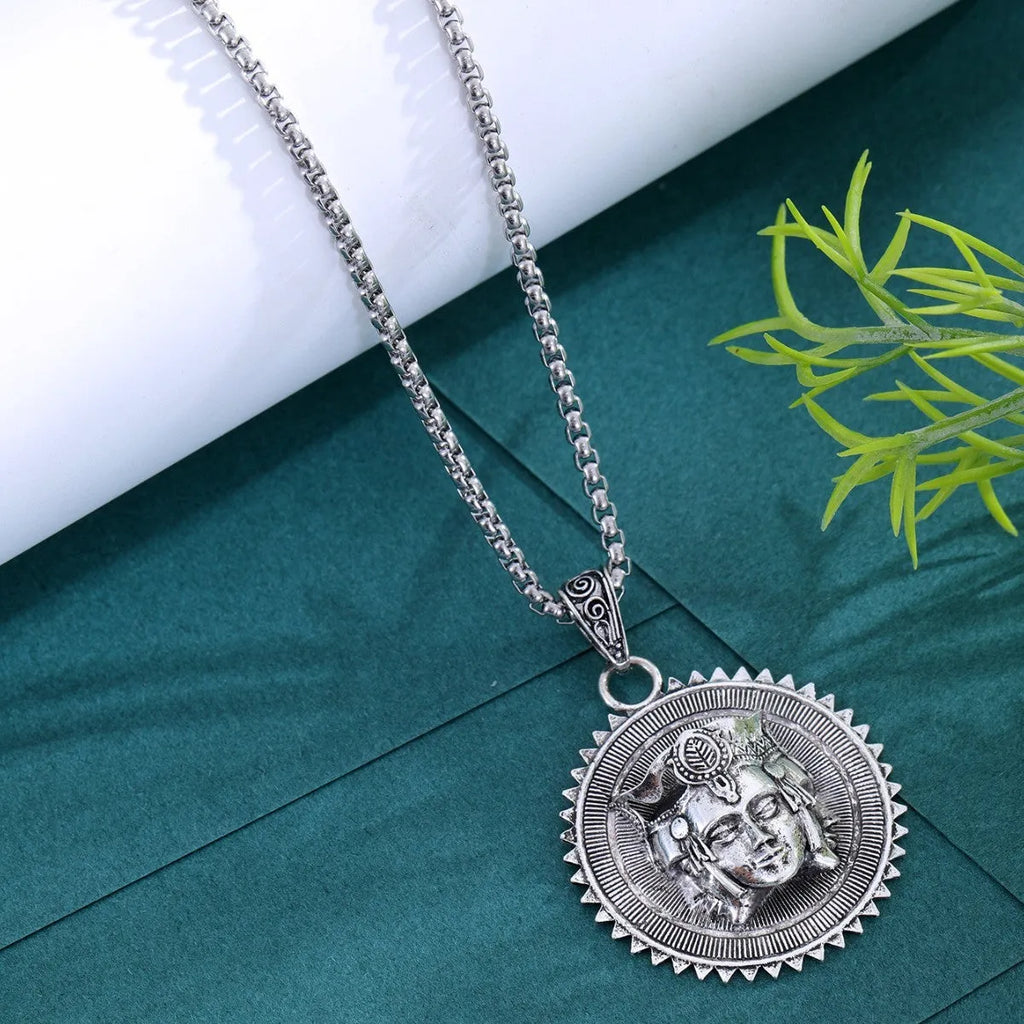 Silver head pendant sweater chain necklace for men, long casual necklace worn over a sweater