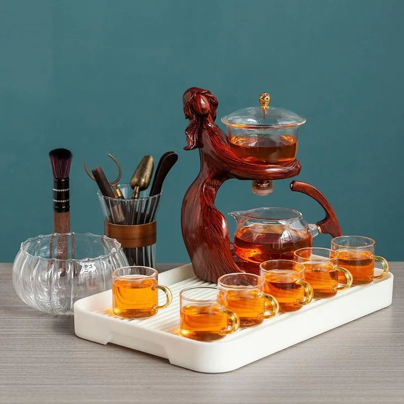 Maid semi-automatic borosilicate glass tea set with stainless steel filters and Chinese style design on tea tray