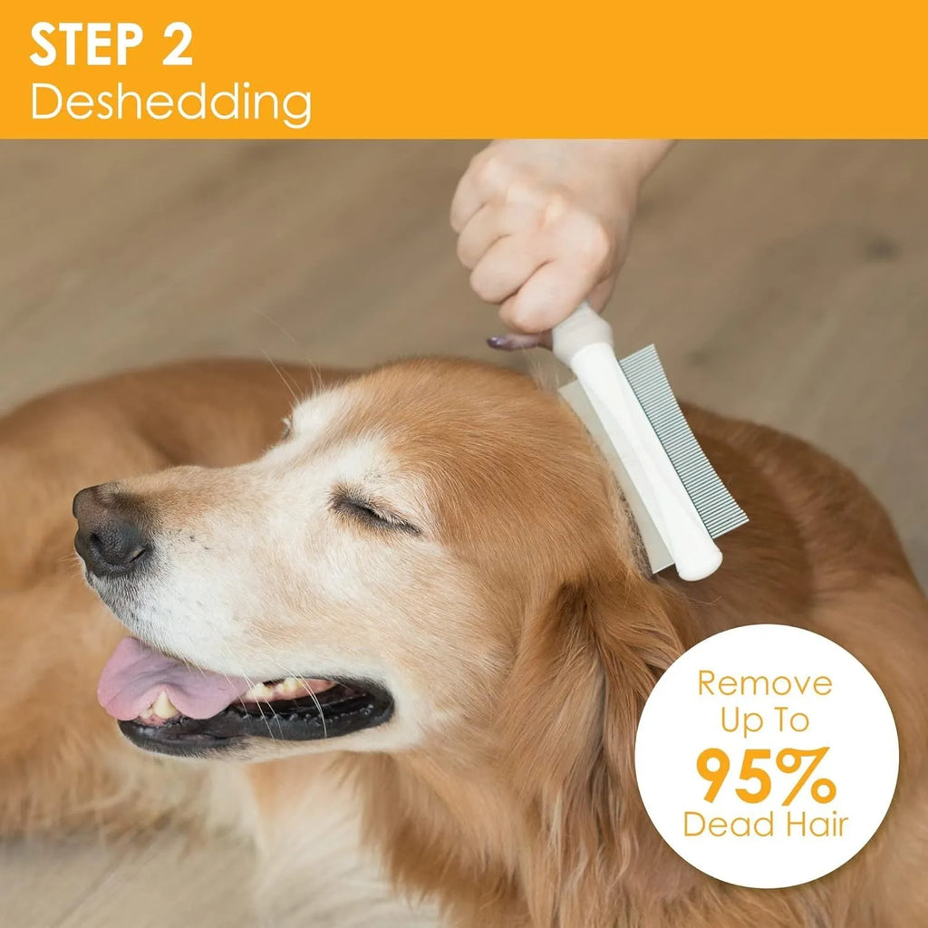 White double-sided dog and cat brush with ergonomic handle showing comb and deshedding sides
