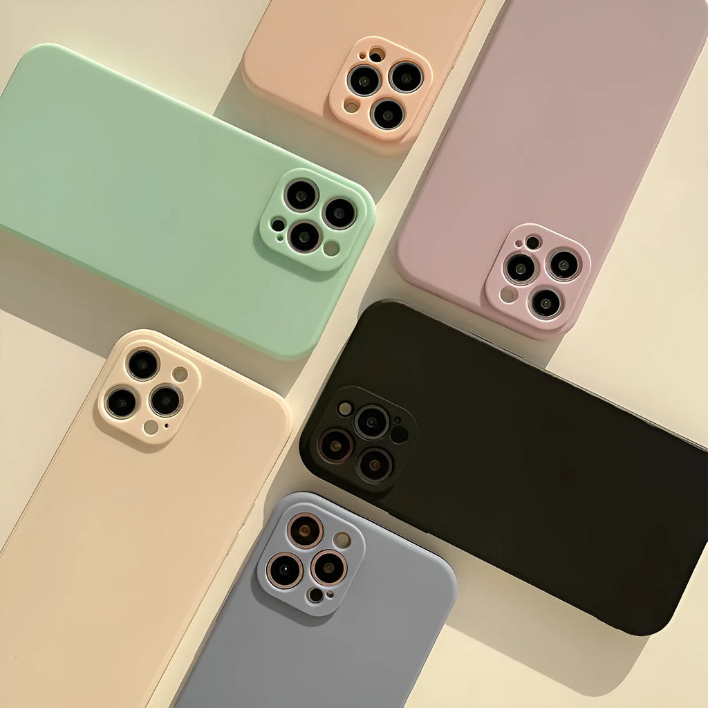 Frosted silicone phone case for iPhone 14 in slate blue colour showing matte texture and precise cutouts.