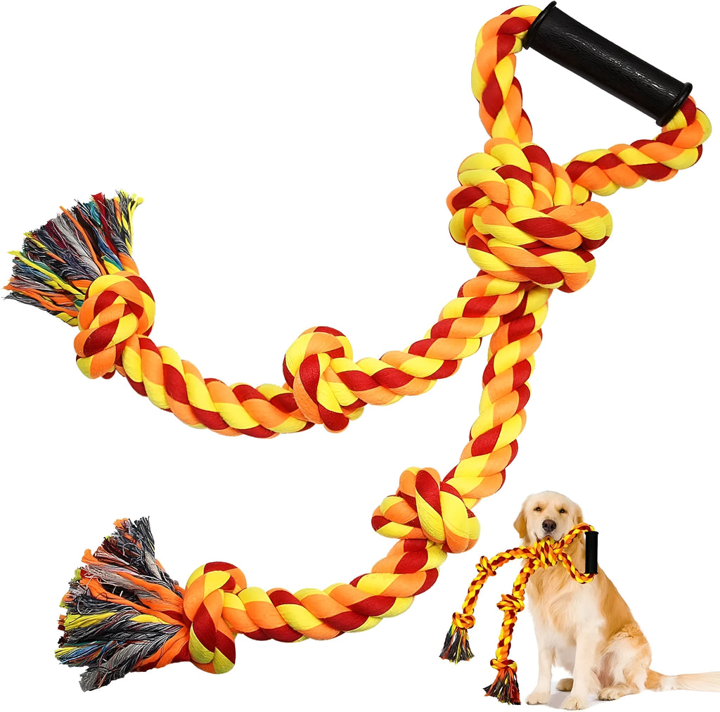 Blue and yellow cotton rope tug toy for large breed dogs with humanised handle