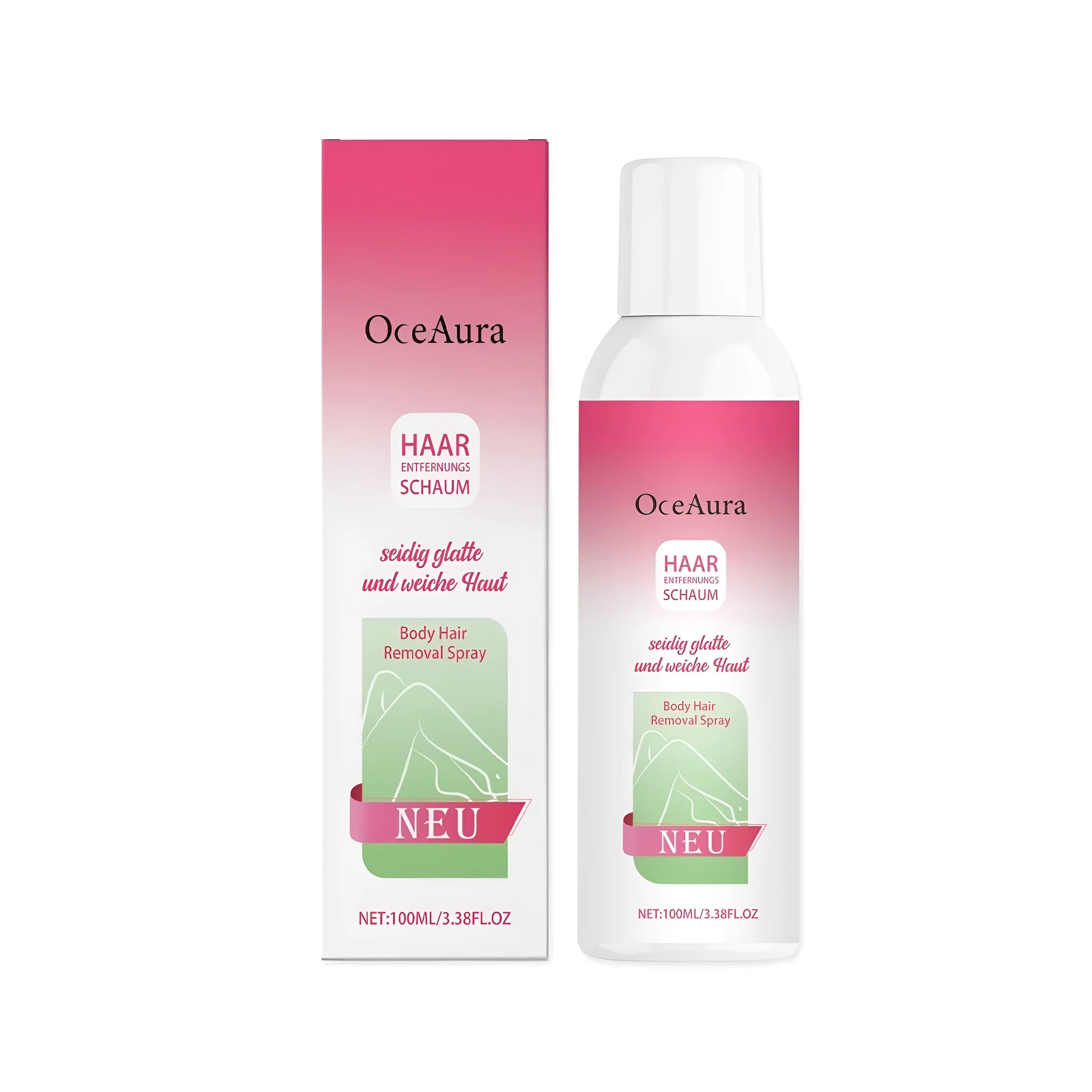 A 100ml spray bottle of body hair removal lotion with a white label, showcasing its depilatory spray format.