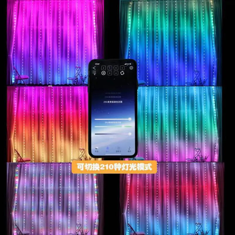 Programmable LED curtain light with Bluetooth APP control, 400 lights, leather wire casing, available in 1x1m to 3x3m sizes