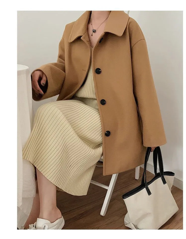 Women's Korean-style loose mid-length solid colour spandex blend overcoat, straight fit, long sleeve, available in khaki and black