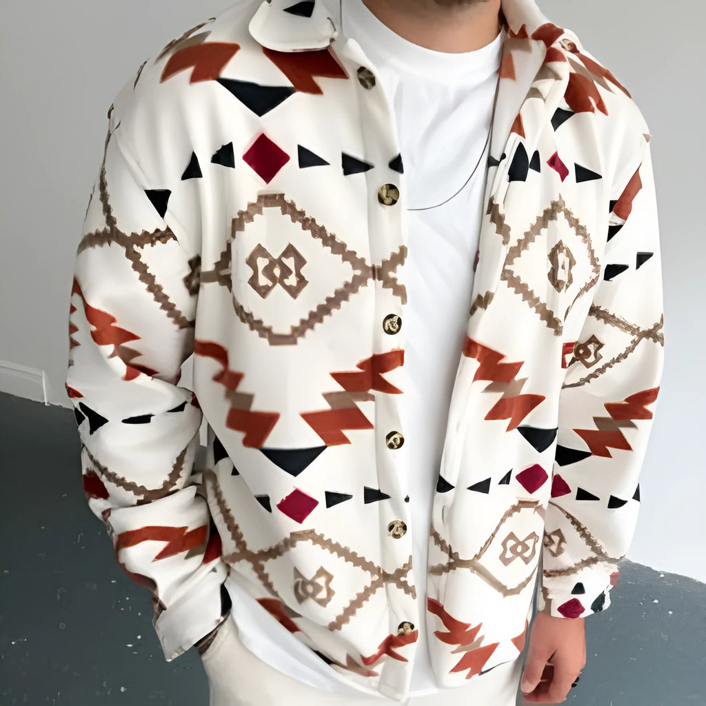 Men's white retro ethnic print brushed cotton shirt jacket with lapel collar and long sleeves