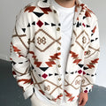 Men's white retro ethnic print brushed cotton shirt jacket with lapel collar and long sleeves