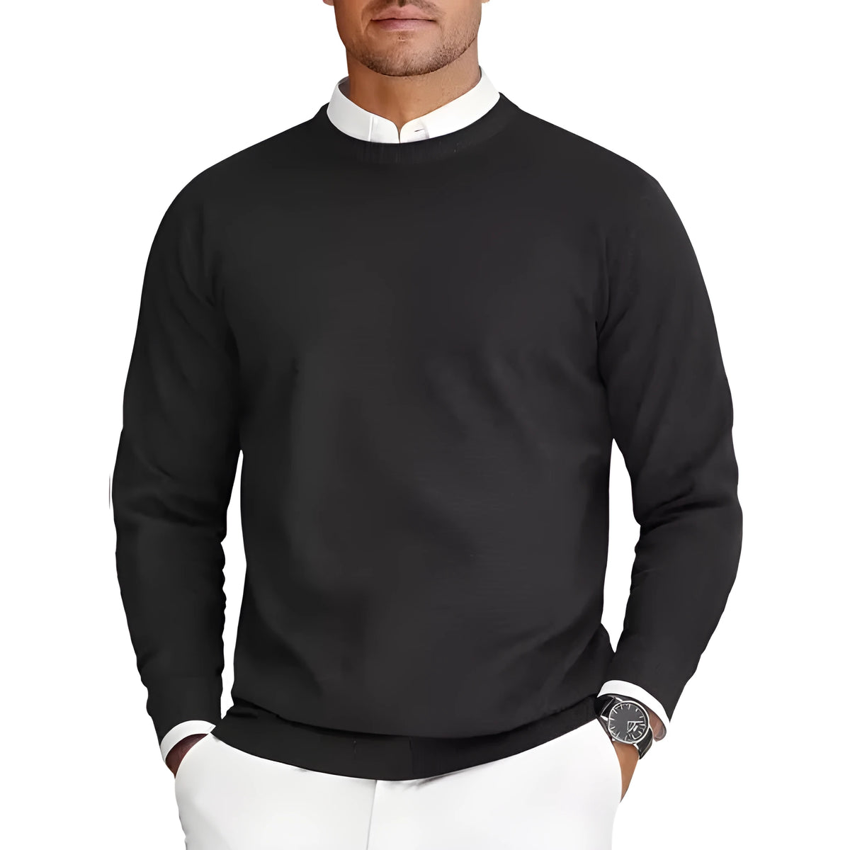 Men's round neck long sleeve Coolmax knit sweater in black, white, navy blue, beige, light grey, dark grey or wine red, sizes M-2XL