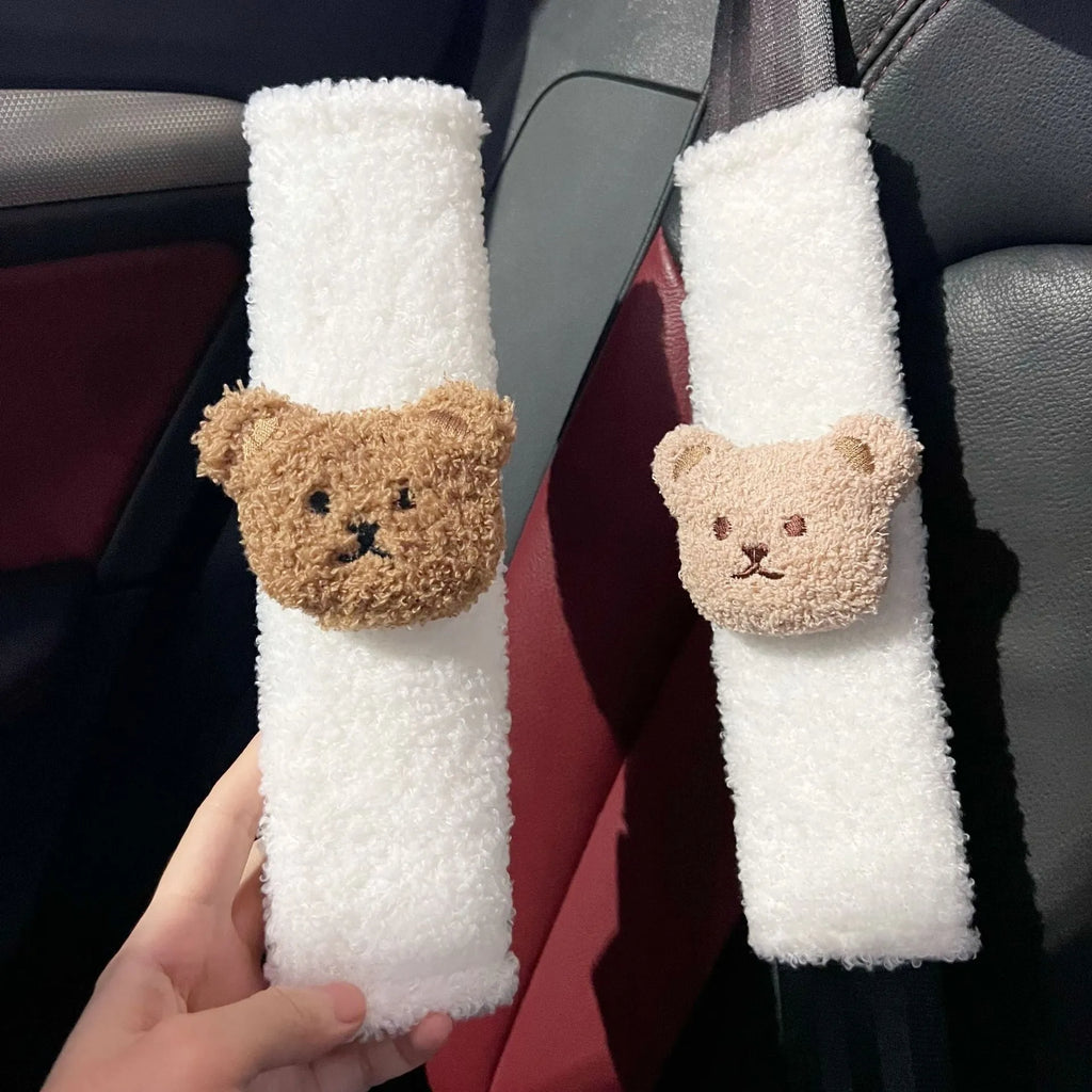 Khaki cartoon bear plush seat belt cover protector for baby car seat safety