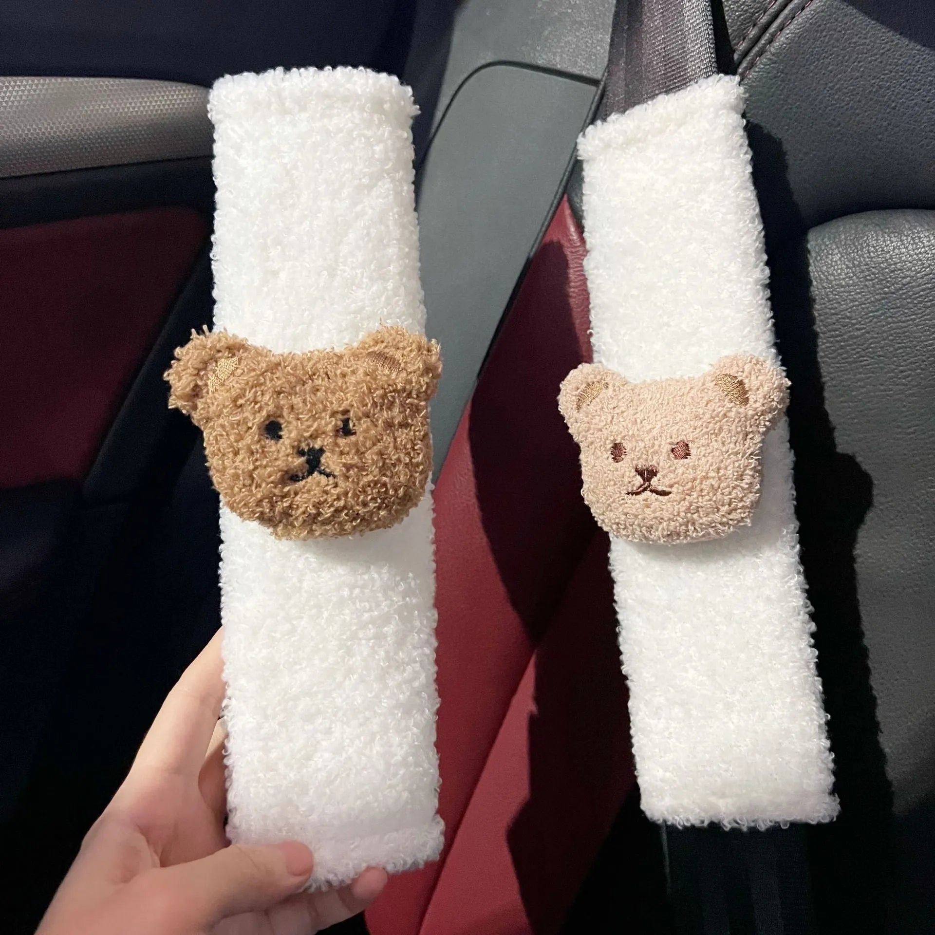 Khaki cartoon bear plush seat belt cover protector for baby car seat safety