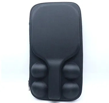 Black EVA pickleball storage bag with shoulder straps for one paddle and four balls.
