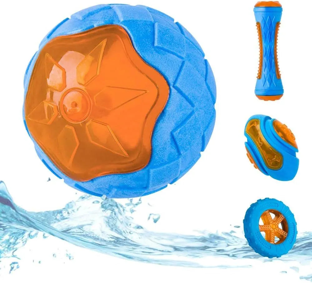 Set of three TPR dog toys: a squeaky tyre, barbell and ball for floating fetch play.