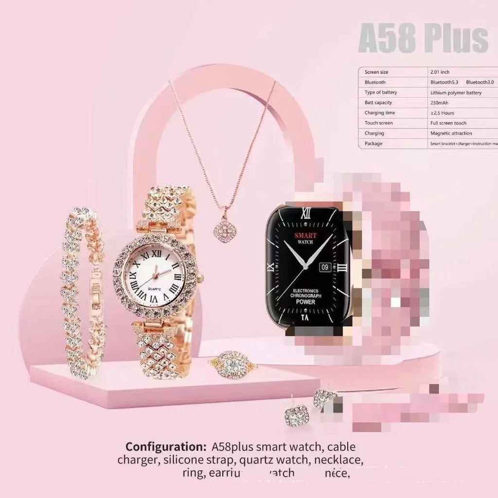 A58plus and A59plus smart watches in multiple colours showing Bluetooth calling function and complete bundle contents
