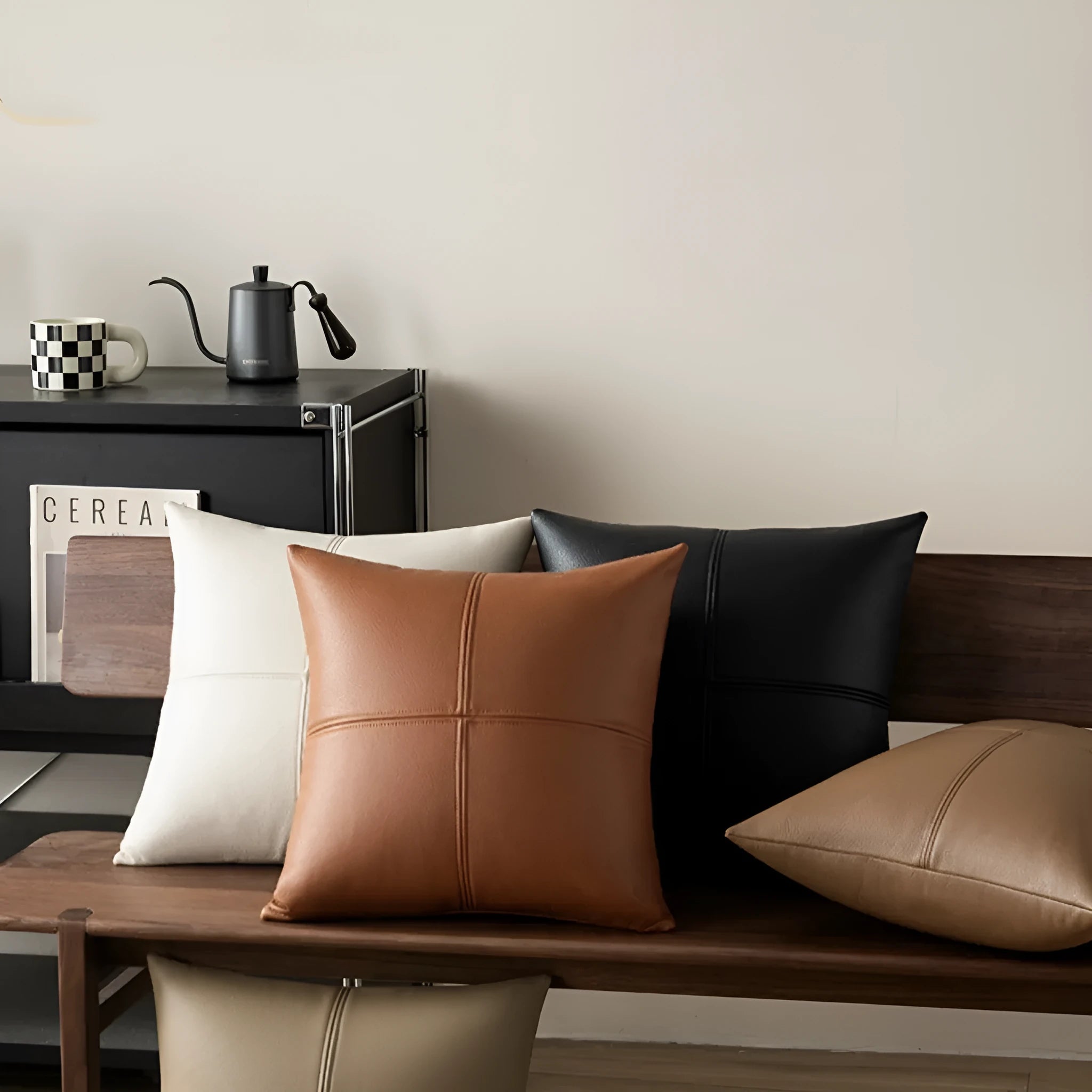 Nordic style soft cowhide leather pillow cover in a solid colour on a sofa