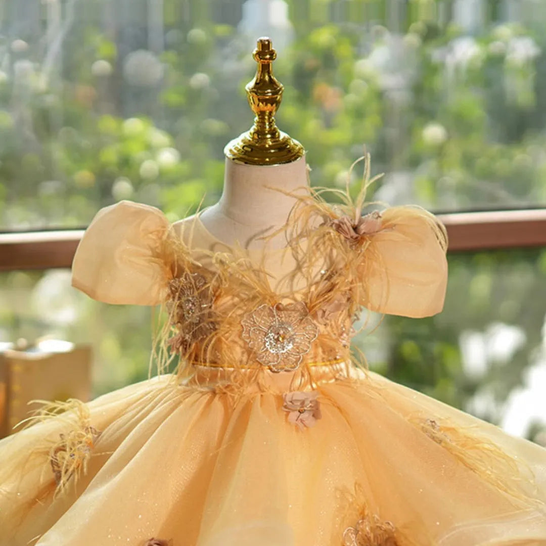 Girls champagne gold princess dress with sequins, short sleeves, round neck, and pettiskirt