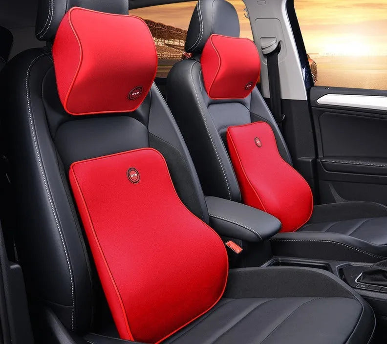 Car headrest and lumbar support pillow set in black, grey, coffee, or red, with polyester cover and bamboo charcoal memory foam filling, 0.9kg.