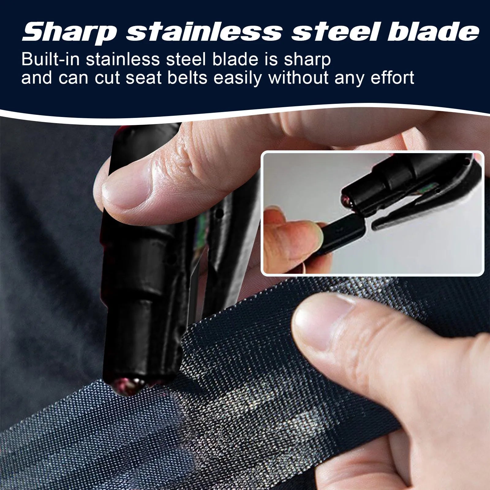 Compact car emergency escape hammer with seatbelt cutter measuring 3.5 by 7.5 centimetres