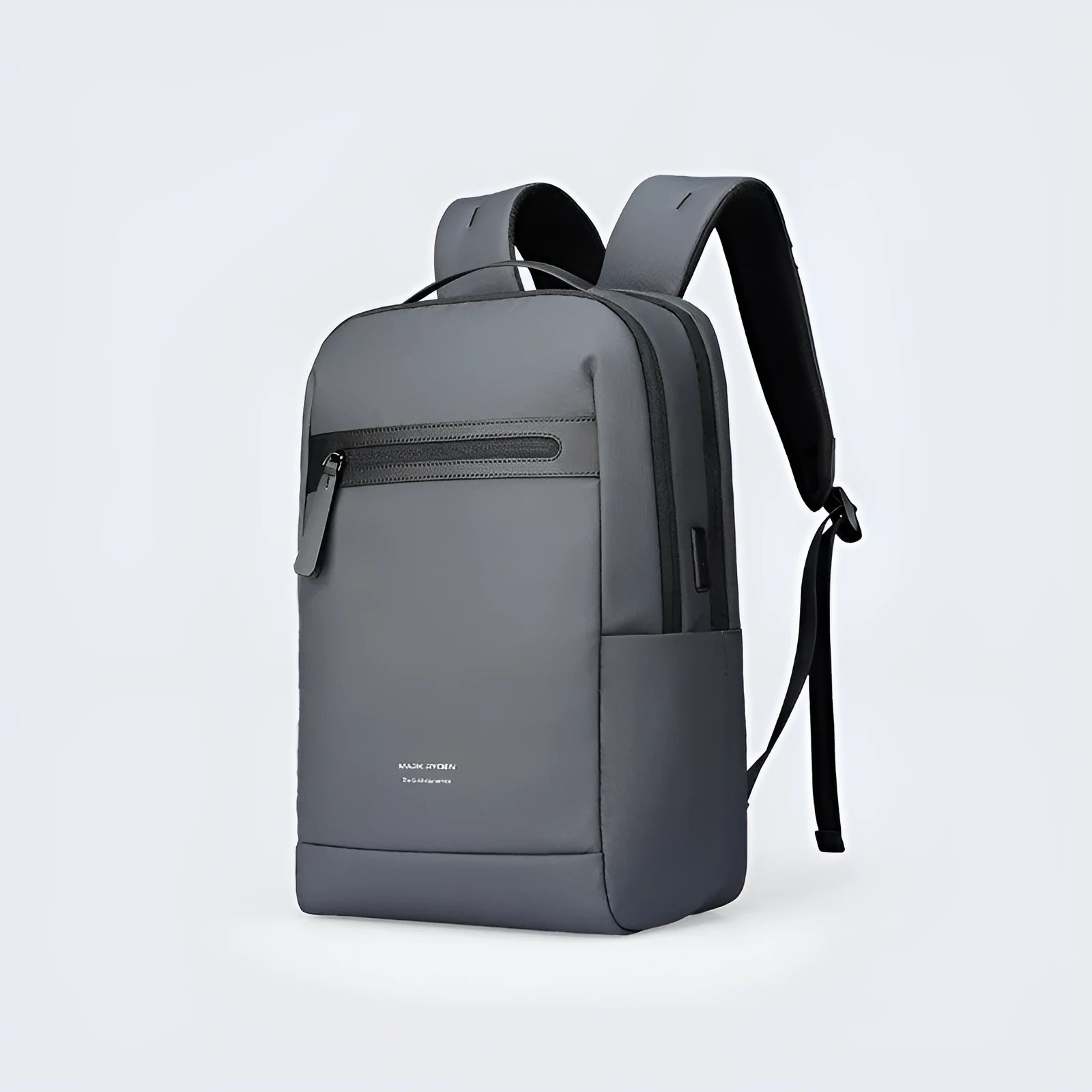 Graphite grey Oxford cloth USB charging backpack with external port and professional design.