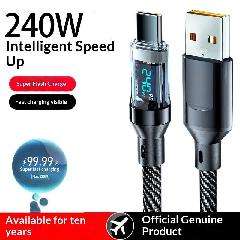 Black braided nylon Type-C cable with digital display showing charging wattage