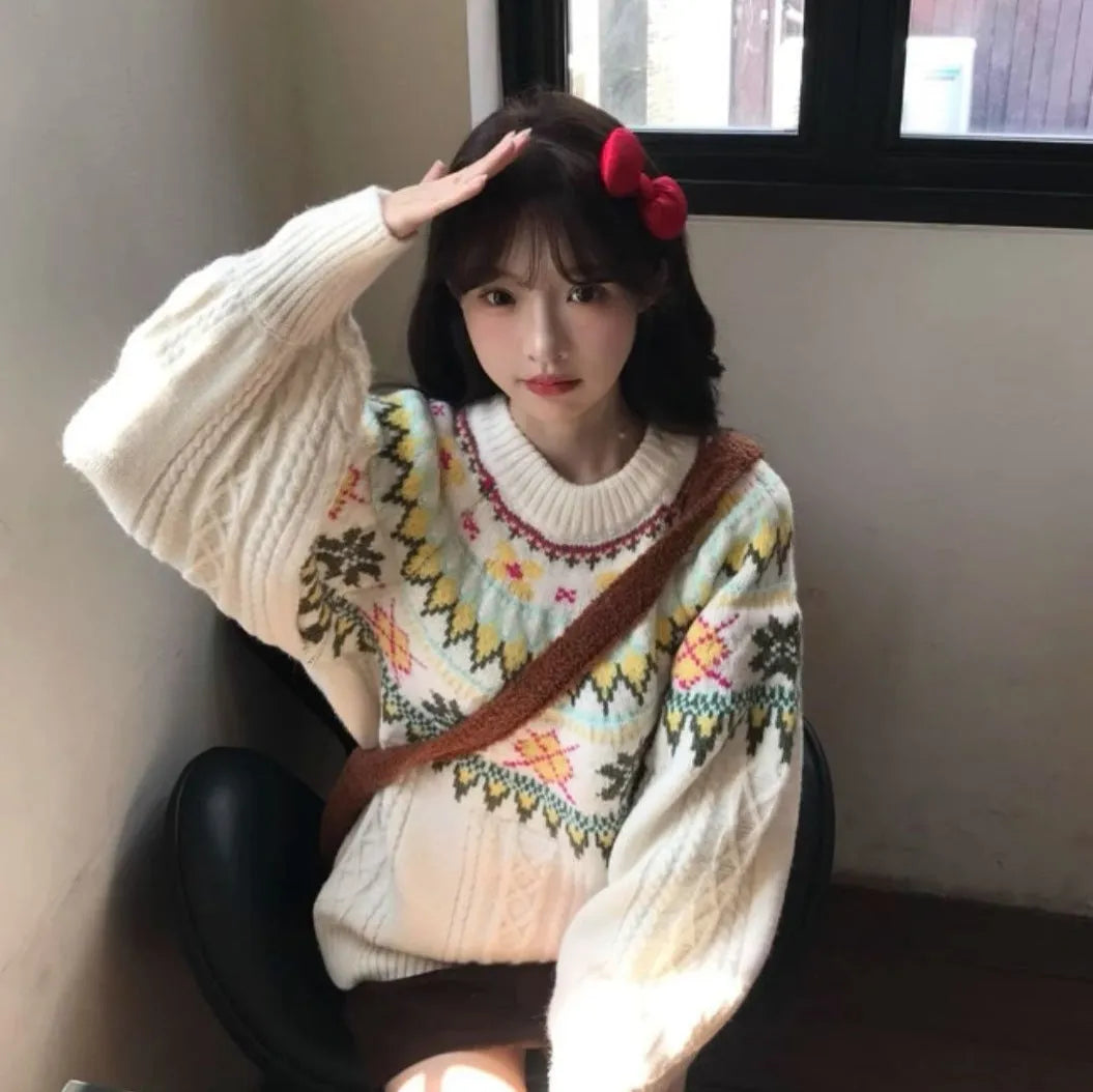 Women's milky white lantern sleeve pullover knitwear with oversized mori style