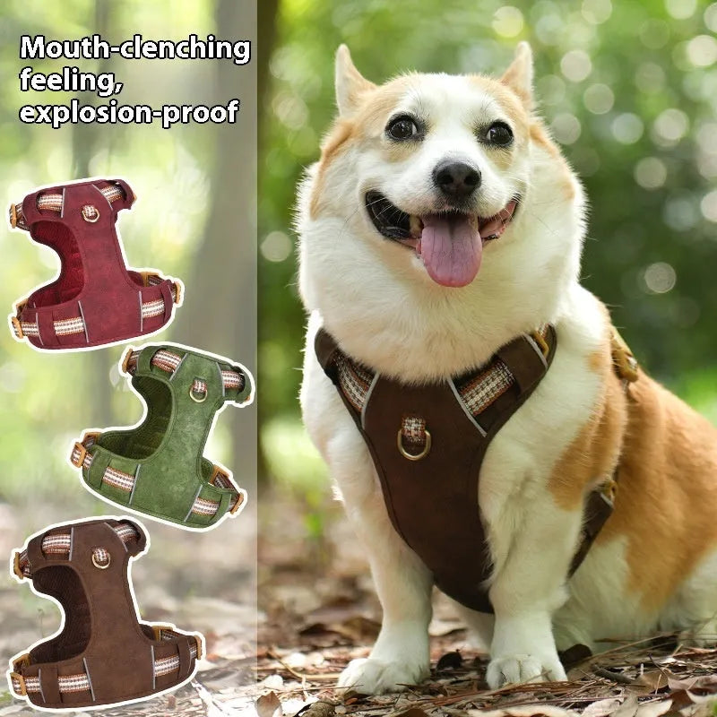 Retro leather pet harness in brown with reflective stripes, explosion-proof design, available in sizes XXS to L