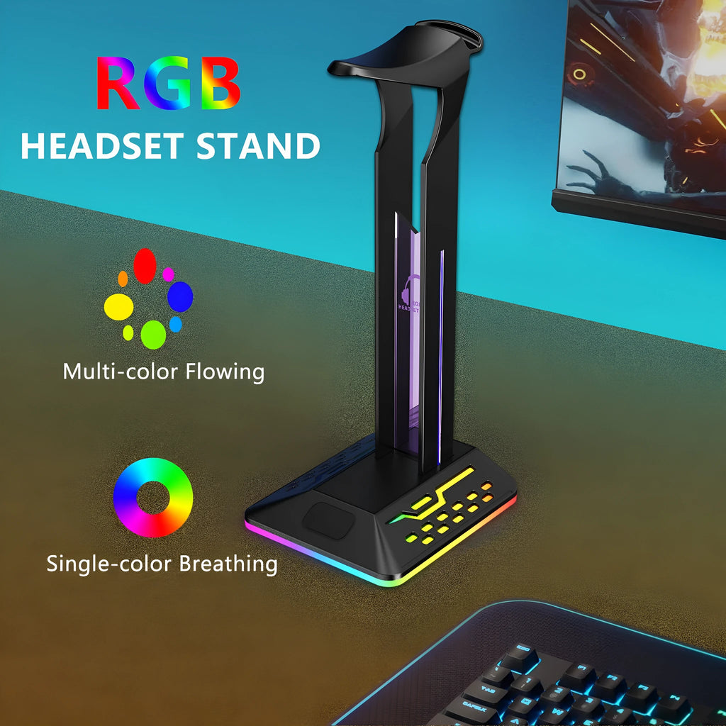 RGB LED headphone display stand with dual USB ports in front, shown in acrylic black finish.