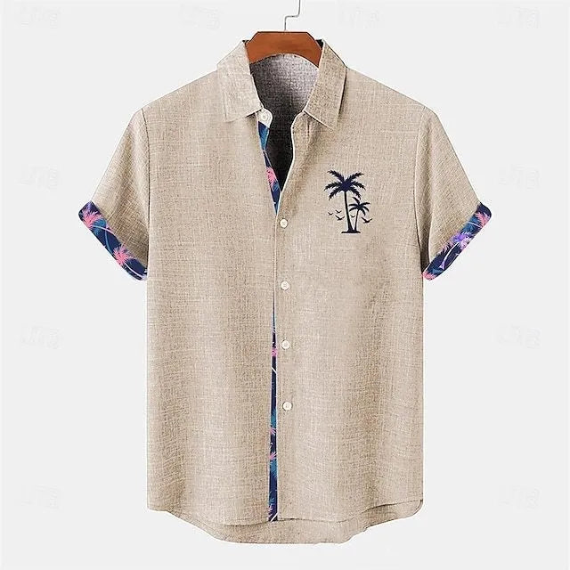 Loose-fit linen short-sleeved top with an ocean fish pattern embroidered on the lapel
