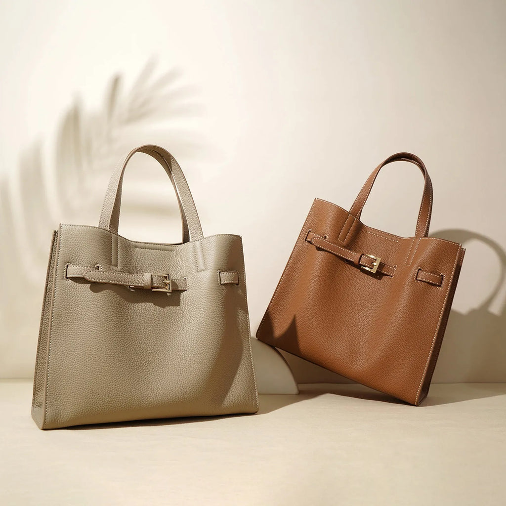 Genuine leather crossbody commuter bag in Toffee Gold with double shoulder straps and square vertical shape