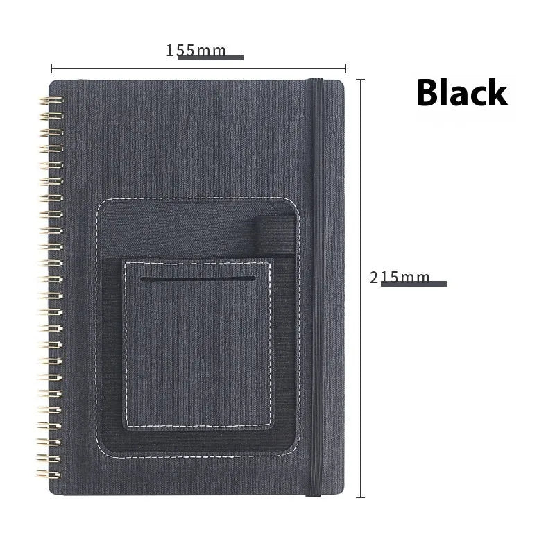 Erasable coil notebook with customisable cover options, featuring waterproof rock paper and included pen