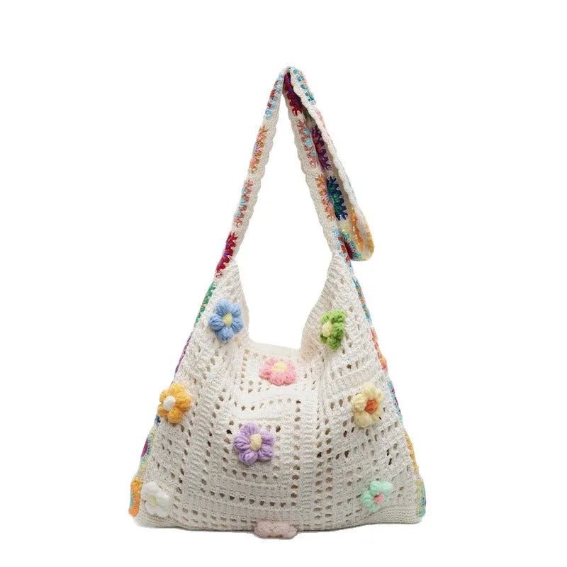 Milky white woven polyester shoulder bag with hollow weave pattern, shown with a 41cm strap.