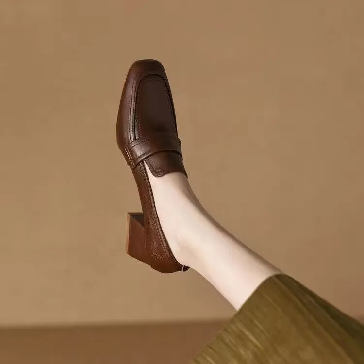 Women's chunky heel square toe waterproof platform shoes in black and dark brown, sizes 35-40