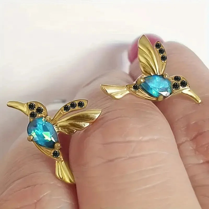 Women's long alloy bird earrings with mixed zirconium wings in red, blue, and red lvzuan colours