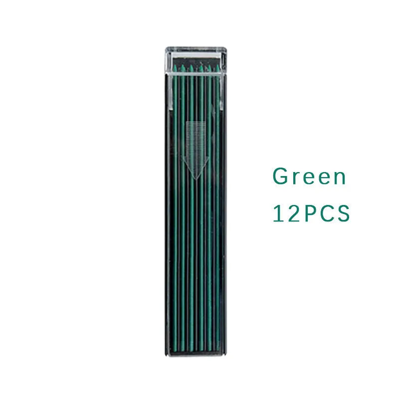 Box containing 12 multi-colour mechanical pencil lead refills for drawing and writing.