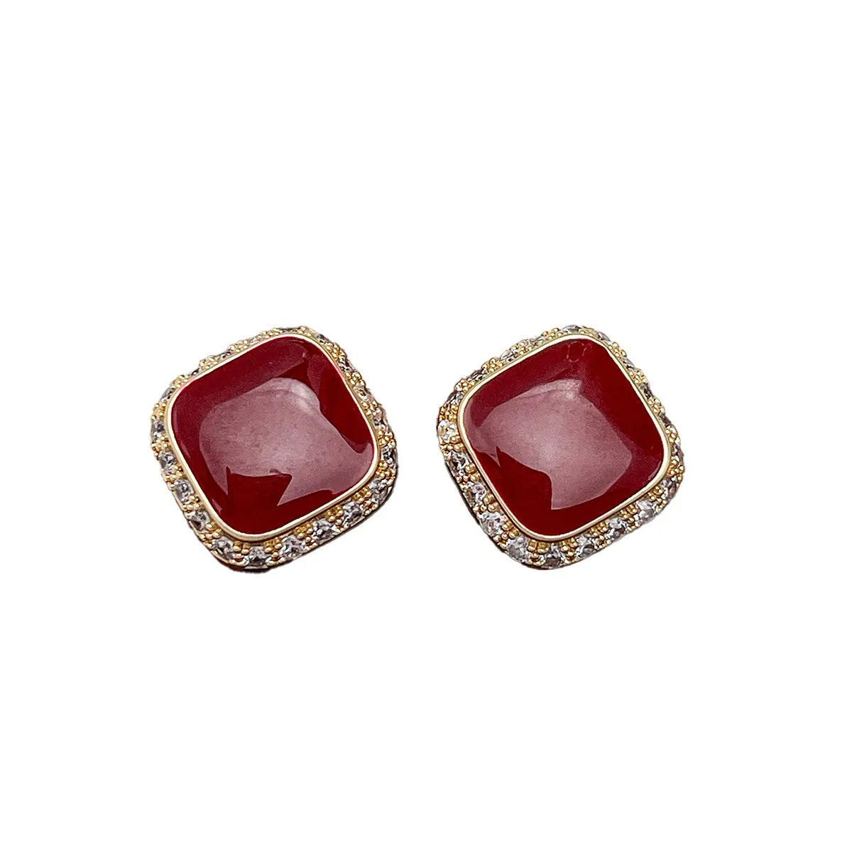 Red square geometric earrings with inlaid design on alloy base