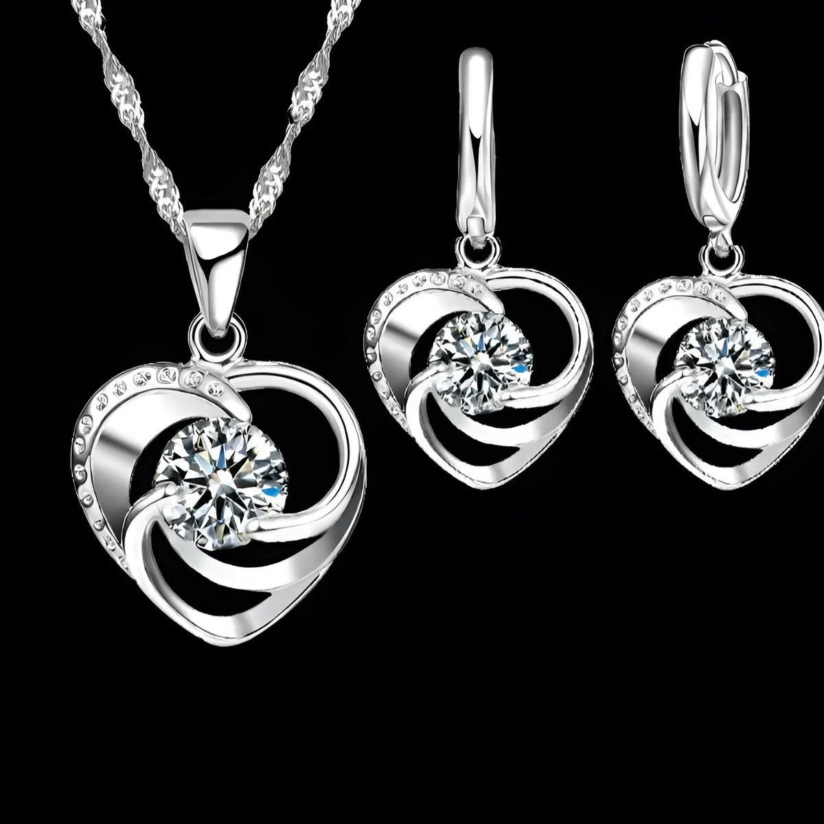 925 sterling silver stamped necklace earrings set 45cm chain platinum tone on white background